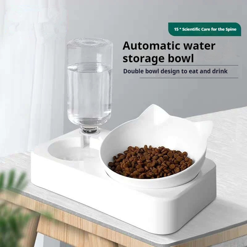 Double Dog Cat Bowls Water and Food Bowl  Tilted 15 Degrees Raised Cat Bowls with Automatic Water Bottle-Pet Feeder